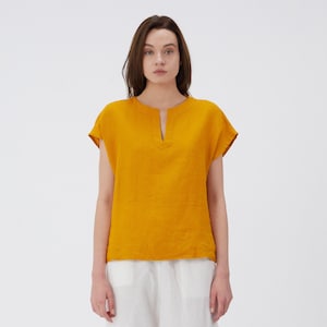Short Sleeve Linen Top | Linen Simple Top | Linen Blouse | Split Neckline Blouse | Relaxed Fit | Mothers Day Gift for Her