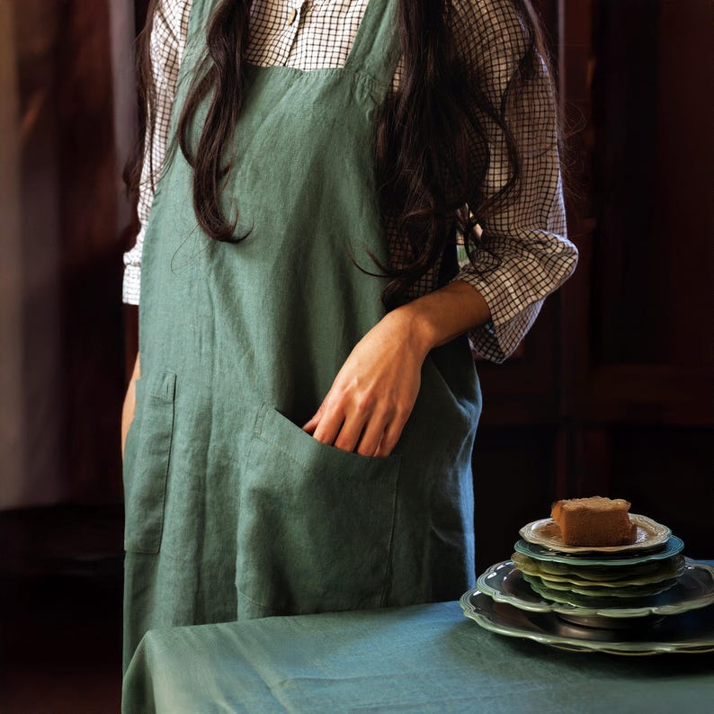 Reversible Linen Apron: No-Tie Organic European Linen, 4 Pockets 画像 2