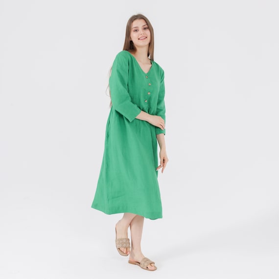 Buy V-NECK Linen Dress 3/4 Sleeves MAMA Dress in Midi Length Half Button  Tie Belt at Back Simple Plain Casual Dress Mothers Day Gift for Her Online  in India