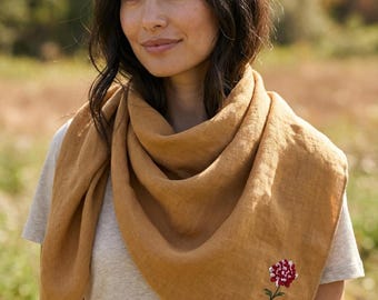 Embroidered Linen Shawl | Floral Scarf for Women, Organic European Flax, Natural Dyes