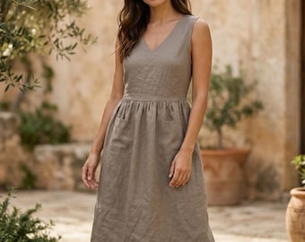 V Neck Linen Midi Dress, Sleeveless Sundress with Pockets, Organic European Linen