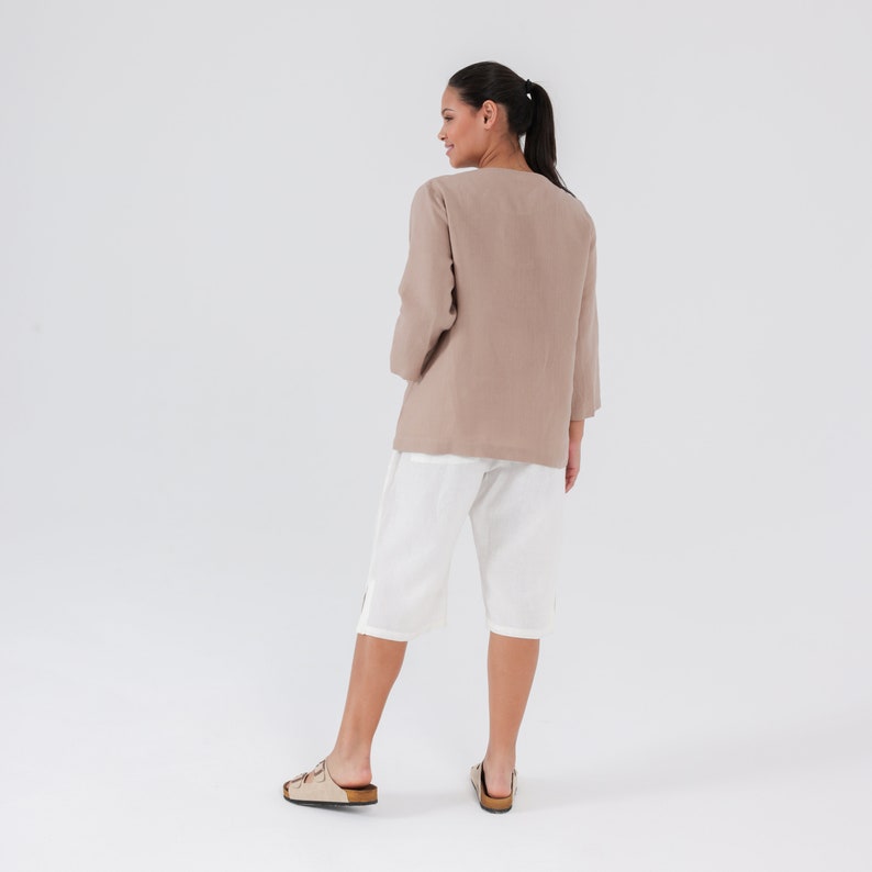 MAMA Linen Tunic with POCKETS and Long Sleeves, Plain Linen Blouse in Taupe color, 100% Natural Linen Mothers Day Gift for Her image 3