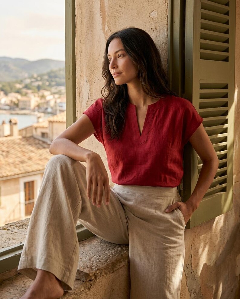 May include: A short-sleeved red blouse with a notched V-neckline paired with high-waisted beige wide-leg trousers. The blouse features a simple cut and the trousers include side pockets, creating a coordinated two-piece outfit ensemble.