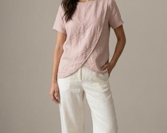 Short Sleeve Summer Top, Casual Cross Over Tunic, Linen Wrap Top, Flowy Short Sleeve Linen Tee
