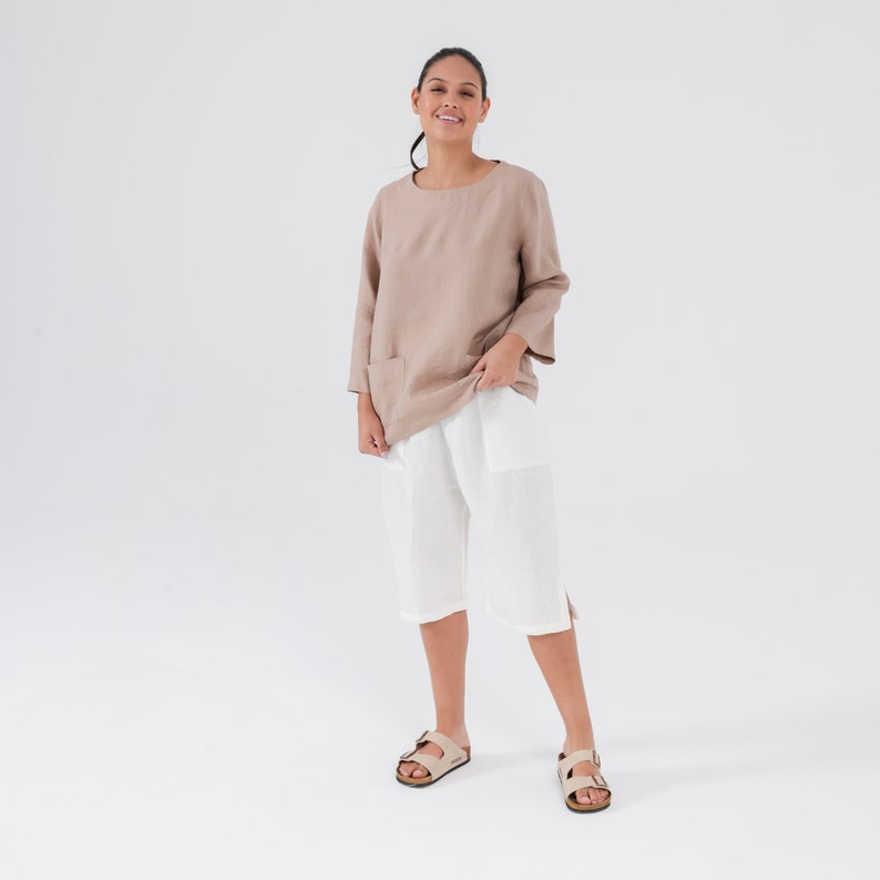 MAMA Linen Tunic with POCKETS and Long Sleeves, Plain Linen Blouse in Taupe color, 100% Natural Linen Mothers Day Gift for Her image 7