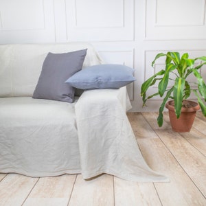 Puede incluir: Un sof&aacute; de lino blanco con dos cojines, uno gris y otro azul claro, contra una pared blanca con una planta verde en una maceta de terracota.