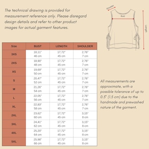 Puede incluir: Un dibujo t&eacute;cnico con medidas de una prenda, que incluye las dimensiones de busto, largo y hombro en cent&iacute;metros. El dibujo tambi&eacute;n incluye una tabla de tallas de 3XS a 5XL, con medidas de busto que van de 46 cm a 66 cm.