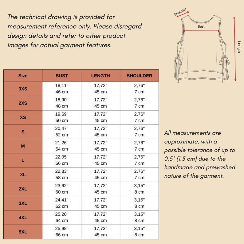 Puede incluir: Un dibujo t&eacute;cnico con medidas de una prenda, que incluye las dimensiones de busto, largo y hombro en cent&iacute;metros. El dibujo tambi&eacute;n incluye una tabla de tallas de 3XS a 5XL, con medidas de busto que van de 46 cm a 66 cm.