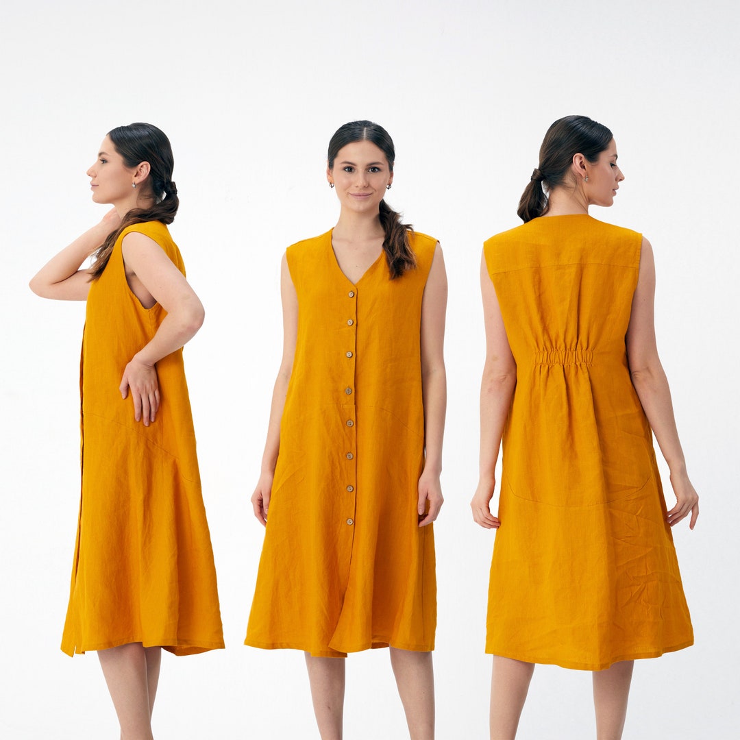 Sleeveless V Neck Linen Button Down Dress With Elastic Band at the Back