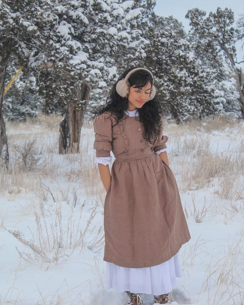 Ruffled Linen Midi Dress, Puff Sleeves, Adjustable Waist | Christmas Gift for Her image 9