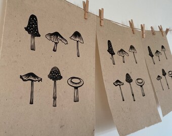 A4 Mushroom Collection Lino Print | Nature Print | Lino Print | Limited Edition | Mushroom Print