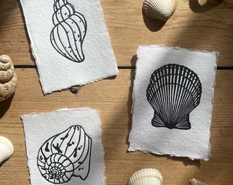 Limited Edition Shell Original Linoprints | Nature Print | Set of 3 Lino prints | Hand Printed | Wall Art | Gallery Wall | Home Decor