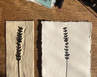 A6 Handprinted ‘Lavender’ Lino Print | Print | Nature Print | Gallery Wall