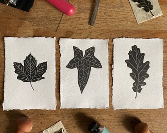 Set of 3 Leaf Original Linoprints | Nature Print | Set of 3 Lino prints | Hand Printed | Wall Art | Gallery Wall | Home Decor