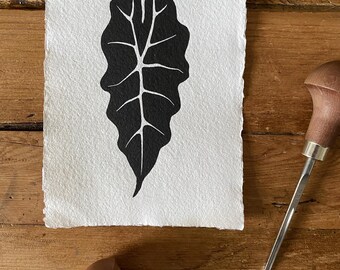 A6 Handprinted Alocasia Leaf Lino Print | Print | Nature Print | Gallery Wall