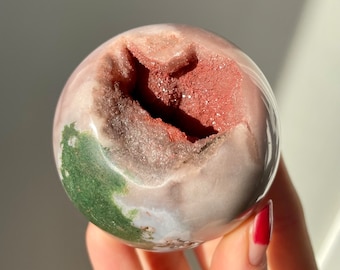Polished Red Druzy Pink Amethyst Geode Sphere from Brazil