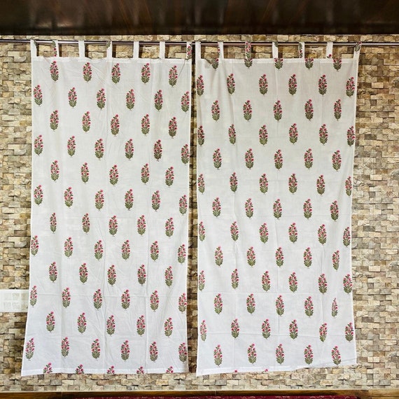 2 Stück Set Baumwolle Vorhang Fenster Zimmer Deko Boho Blockdruck Blatt Bedruckt