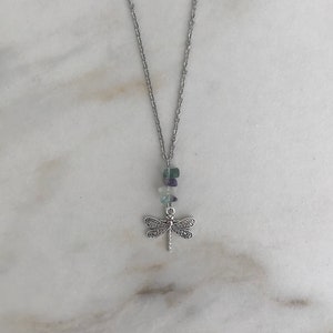 dragonfly necklace - fluorite - gemstone - stainless steel chain - crystal - stone - rock - chips - gift - hippie - silver - emerald green