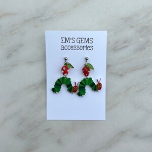 caterpillar earrings - stainless steel dangle stud - silver - gift - hippie -funky - hungry - strawberry - leaf garden - read - teacher -