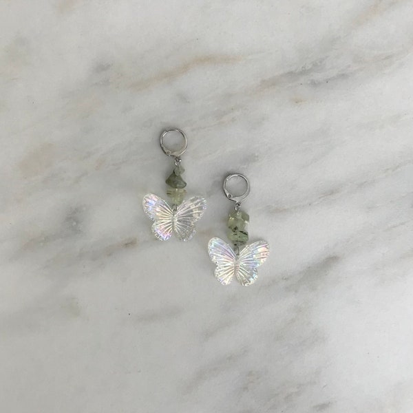 prehnite butterfly earrings - iridescent - stainless steel huggies hoops - silver - gift - hippie accessories - green - rainbow - crystals