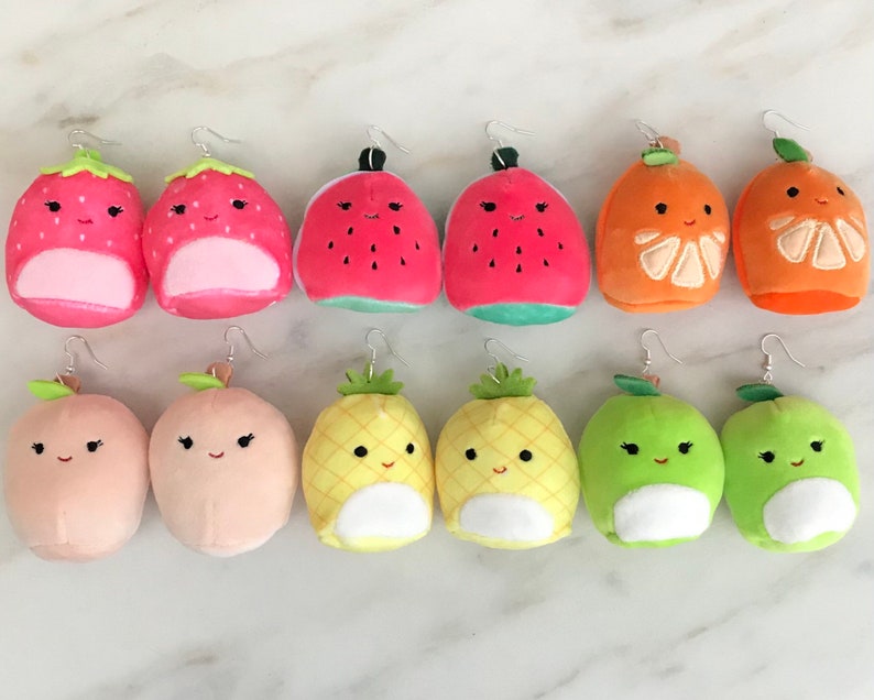 squishville earrings - mini fruits - squishmallow - small plushie - stuffed animal - scarlet - strawberry - watermelon - peach - orange 