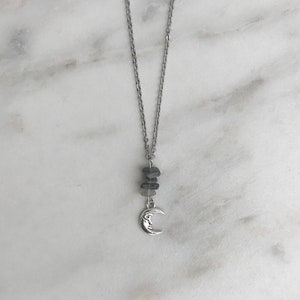 labradorite moon necklace - gemstone - stainless steel chain - crystal - stone - rock - chips - gift - hippie - ems gems