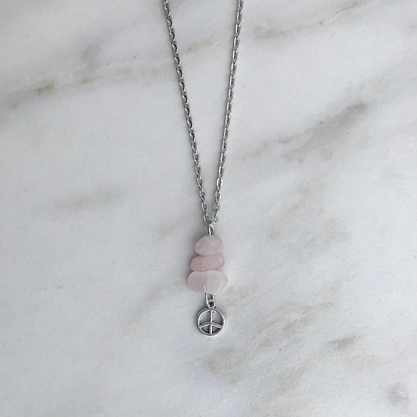 rose quartz peace sign necklace - gemstone - stainless steel chain - crystal - stone - pink rock - chips - gift - hippie - ems gems