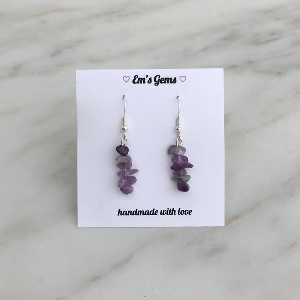 amethyst earrings - gemstone - nickel free earrings - crystal - gem - stone - purple rock - quart chips - gift - hippie - handmade