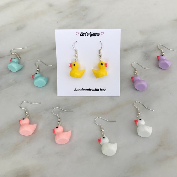 duck earrings - yellow duck - white duck - dangly earnings - handmade jewelry -silver earrings - gift - ems gems