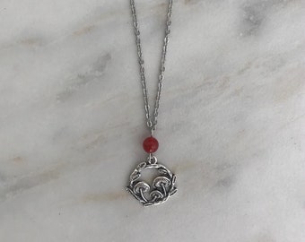 Carnelian Mushroom Cove Necklace: Stainless Steel Chain, Cottagecore Jewelry