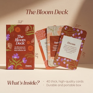 May include: A box of 40 affirmation cards called "The Bloom Deck" with a floral design. The box is 3.2 inches tall and 5.2 inches wide. The cards are 2.6 inches tall and 4.6 inches wide. The text on the box reads "40 Affirmations for Blooming into Your Most Authentic Self".