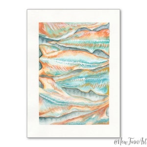 May include: Watercolor painting of a group of fish, with a layered, abstract design. The fish are painted in shades of orange, blue, and green, with a white background.