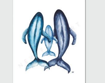 Trio de familles de baleines de Terre-Neuve « Entre nous » - Impression peinture aquarelle