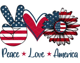 Peace Love America Sunflower USA American Flag Red White Blue Stars Stripes PNG Clipart Clip Art Design Sublimation Printable Shirt Sign