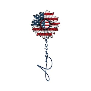 May include: A red, white, and blue daisy with an American flag design. The word "America" is written vertically in cursive below the flower.