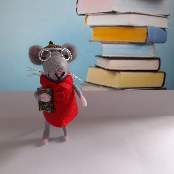 Needle Felted Grey  Mouse with book and glasses