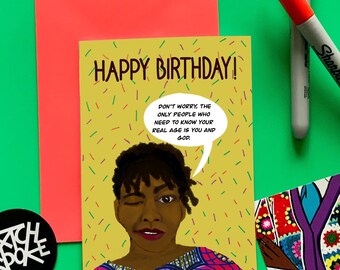 Birthday card, Afro, African, Caribbean, humour cards quirky, female Lead, illustrated A6, Blank inside