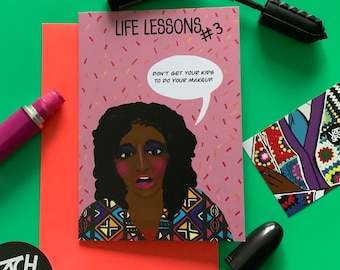 Make-up, Epic fail,black,humour, greeting card, afro, A6,blank inside,Latchspoke