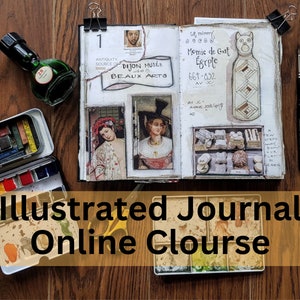 May include: An open sketchbook with illustrations, paint palettes, and art supplies. The text "Illustrated Journal Online Clourse" is visible. A green ink bottle and a pair of scissors are also present.