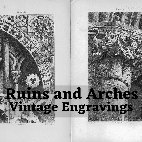 Ruins, Arches, and Old Churches, Vintage Printables of Old Ruins in England, Ruskin Churches, Junk Journal, Collage, Haunted, Steampunk