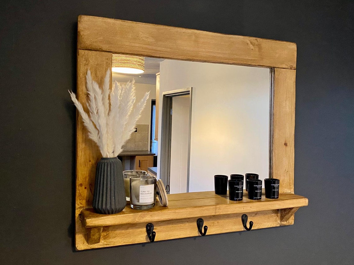 Handmade Rustic Wood Mirror With chunky Shelf & Hooks Etsy