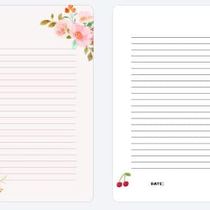 以下が含まれることがあります： 2ページの文房具セット。左ページは、角に花のアクセントが付いたピンクの罫線入り用紙です。右ページは、さくらんぼのイラストと下部に「DATE:」という文字が入った黒い罫線入り用紙です。花のアクセントには、ピンクのバラとオレンジの花が含まれています。