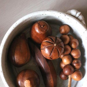 MCM Wooden Fruit Collection of 6, Vintage Wooden Acorn Grapes Apples Banana Pear, MCM Hand Carved Fruit Decor, Autumn Wooden Fruit Decor