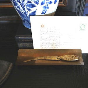 Antique Japanese Art Nouveau Brass Letter Opener, Kangaroo Handle & Footed Tray, Brass Animal Letter Opener, Antique Gentlemen&#39;s Office Gift