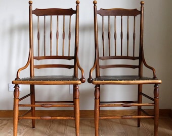 Antique Victorian Eastlake Chairs, Set of 2 | 1890s Solid Maple, Original Leather Seats
