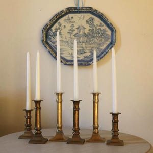 Vintage Brass Candlestick Holder Set: Neoclassical Column Design, 6 Piece Collection