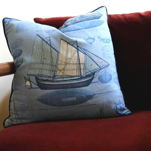 Cojín vintage náutico con diseño de velero, 48 cm, azul, estilo costero, decoración para casa de playa