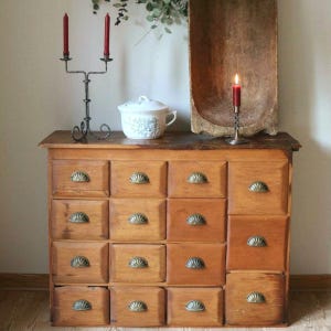 Antique Pine Apothecary Cabinet with 15 Drawers | Primitive Farmhouse Storage, c. 1880s