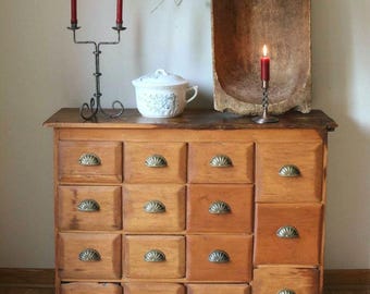 Antique Pine Apothecary Cabinet with 15 Drawers | Primitive Farmhouse Storage, c. 1880s