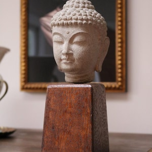 Vintage Stone Buddha Bust on Wooden Display: MCM Office Decor